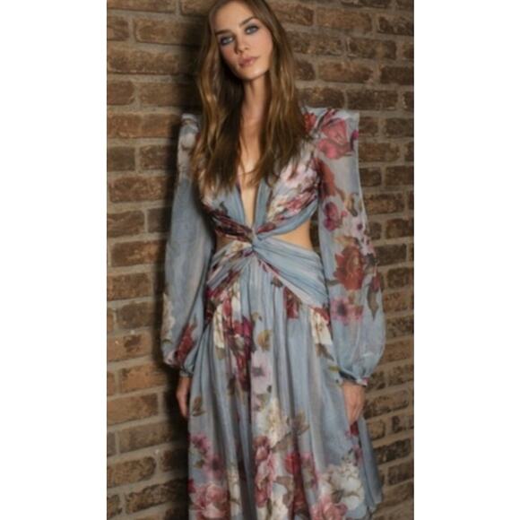 PatBo Peony Print Cutout Midi Crepe Long Sleeve Blue Pink Dress US Size 12 - Picture 4 of 16